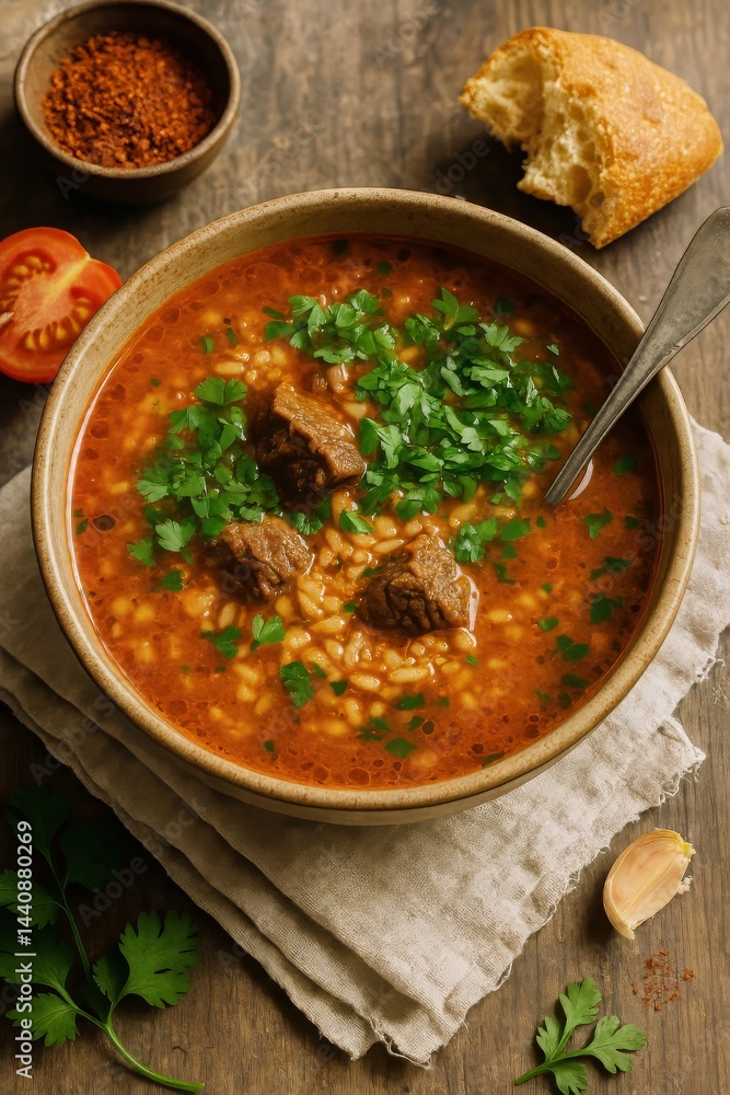 Hearty Soup With Beef, Herbs, and Grains Served With Bread on Rustic Wooden Table