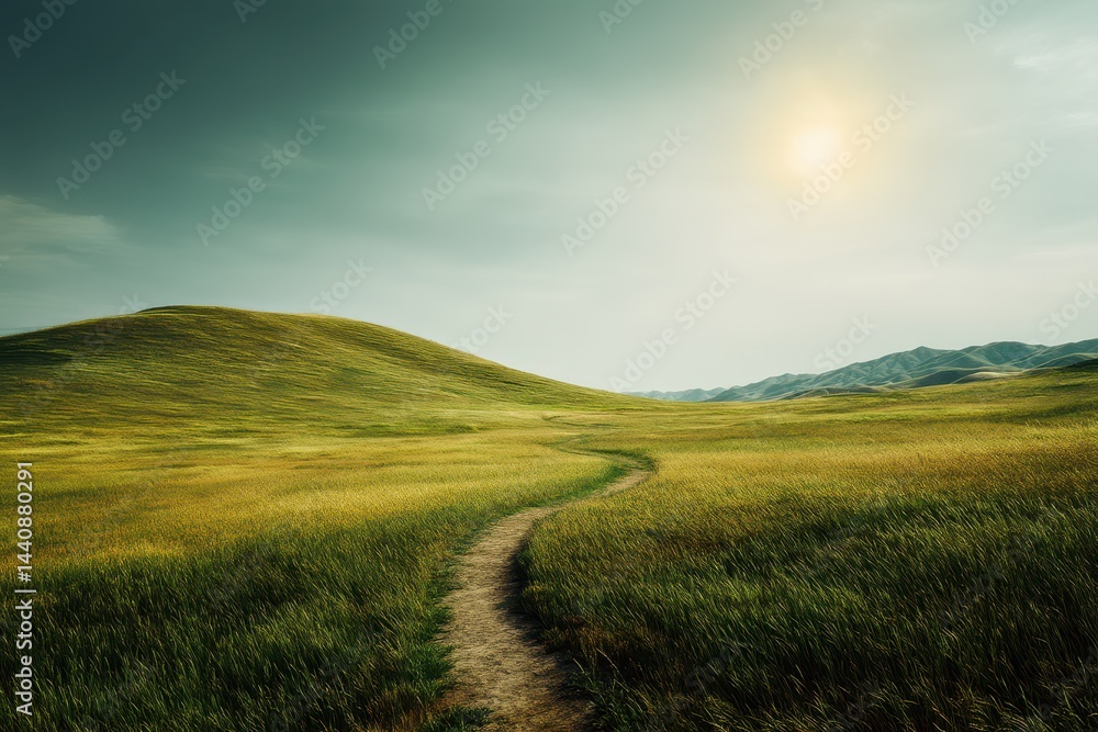 Obraz premium A winding path leads through a grassy field toward a sunlit hill under a calm, greenish sky.