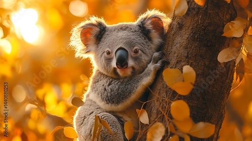 Adorable Koala Hugging Tree Golden Sunset Australian Wildlife Moment Photo