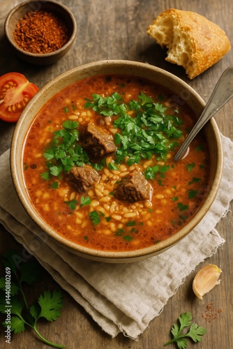 Obraz na płótnie Hearty Soup With Beef, Herbs, and Grains Served With Bread on Rustic Wooden Table w salonie