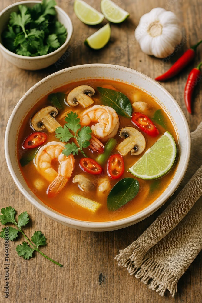 Flavorful Shrimp Soup With Fresh Herbs and Vegetables on a Rustic Wooden Table