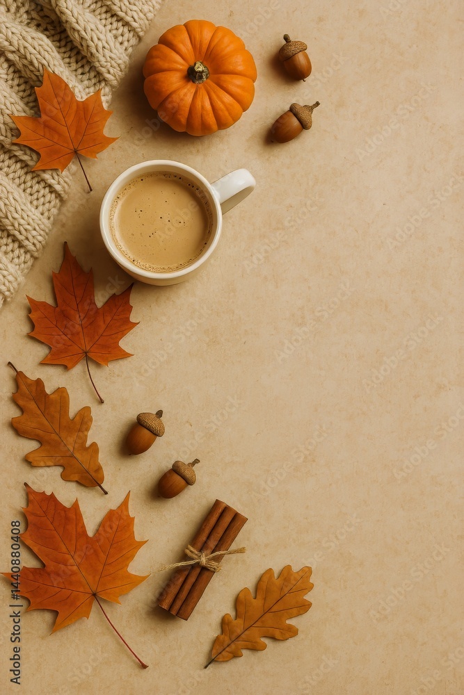 Cozy Autumn Arrangement With Coffee, Pumpkin, and Fallen Leaves on a Warm Surface