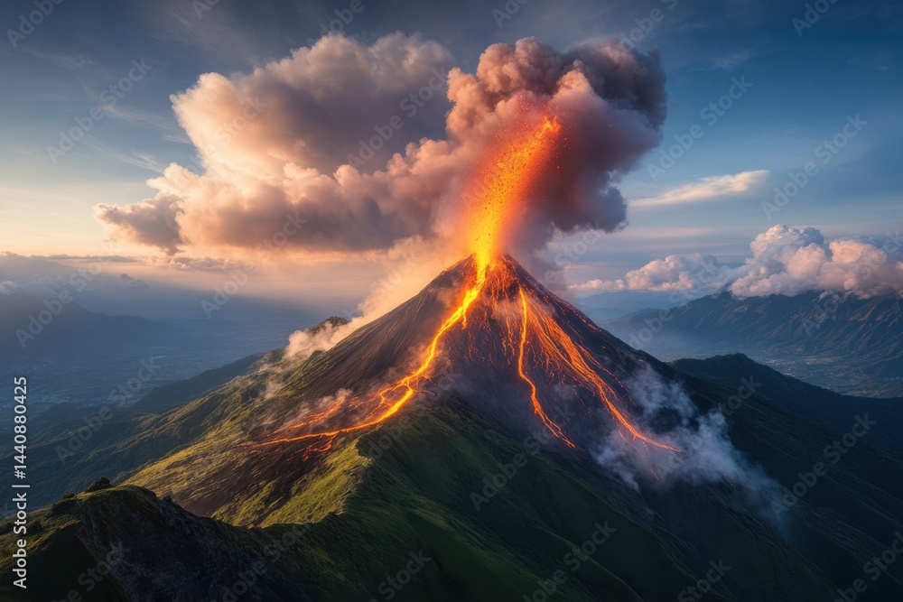 Fototapeta premium Volcano erupts dramatically under a twilight sky showcasing lava flows and ash clouds in a breathtaking natural display