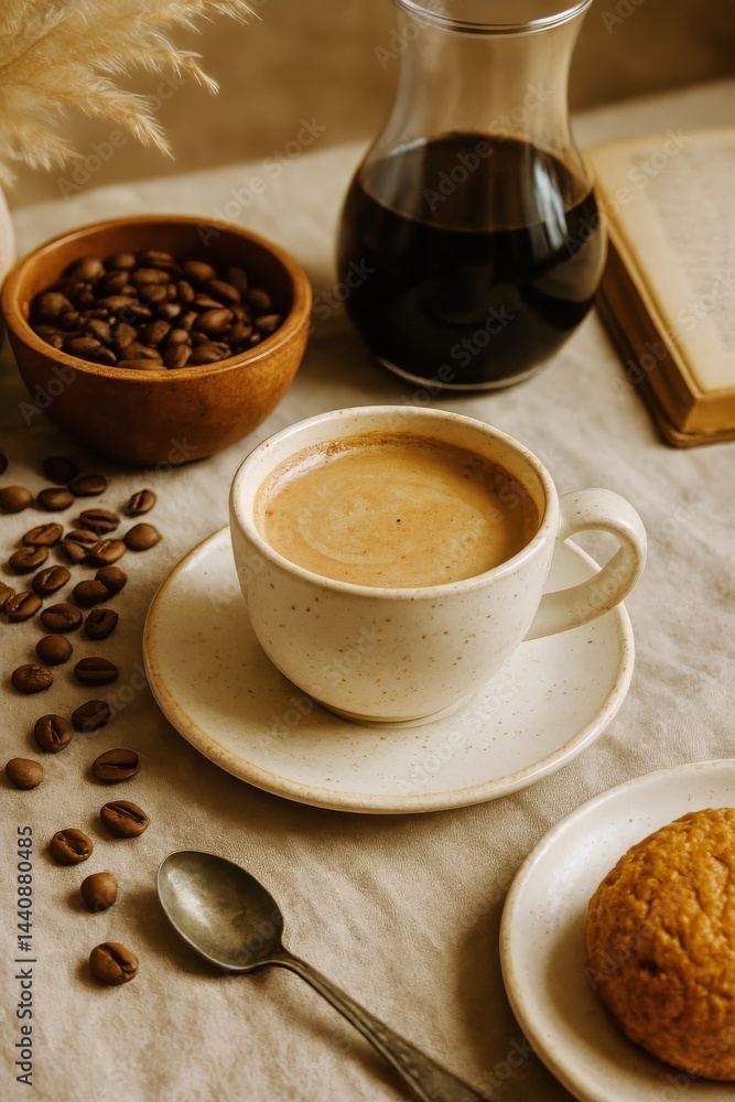 Warm Cup of Coffee With Scattered Beans and Pastry on Wooden Table in Cozy Cafe Setting
