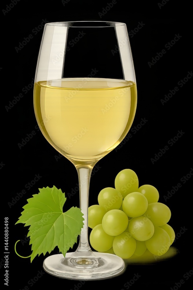 Elegant Glass of White Wine With Fresh Green Grapes on a Dark Background