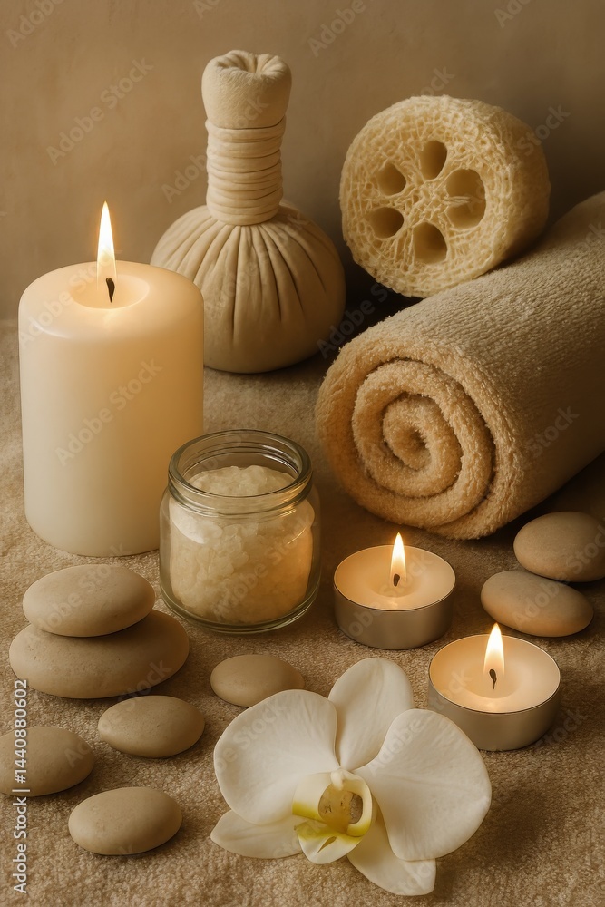 Relaxing Spa Setup With Candles and Natural Elements for Holistic Wellness Experience