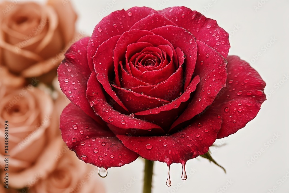 Beautiful Red Rose With Droplets on Petals, Showcasing Natures Elegance and Detail