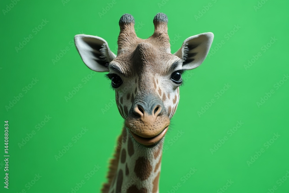 Fototapeta premium Close-up portrait of a friendly giraffe against a vibrant background.