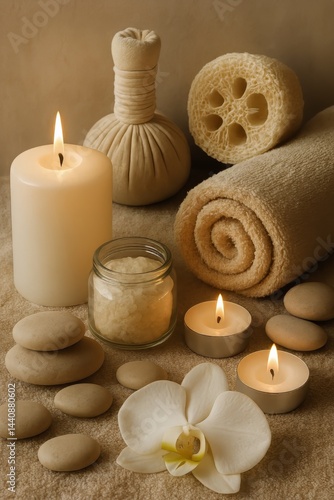 Obraz na płótnie Relaxing Spa Setup With Candles and Natural Elements for Holistic Wellness Experience w salonie