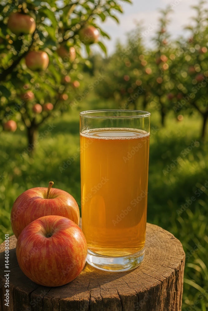 Fresh Apple Juice Beside Ripe Apples in an Orchard During Sunny Daylight