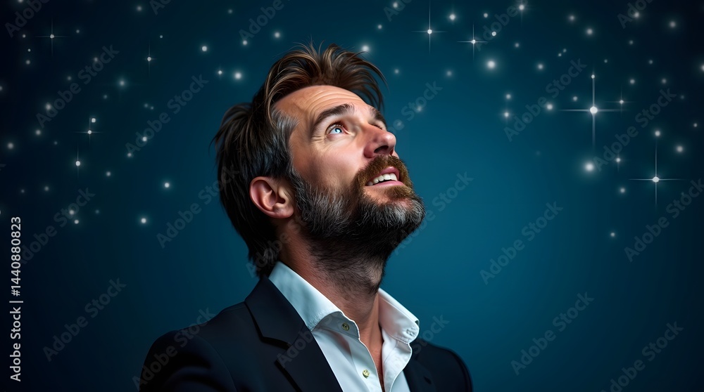 A thoughtful Caucasian man with a beard gazes upwards, illuminated by twinkling stars against a deep blue background.