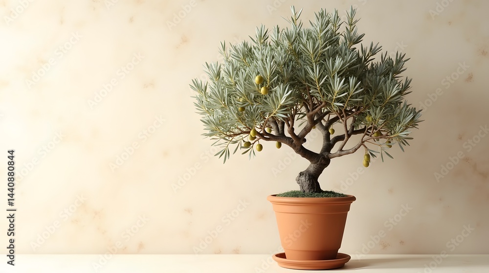 A lush olive tree in a terracotta pot, showcasing vibrant green leaves and small yellow olives, against a soft, neutral background.