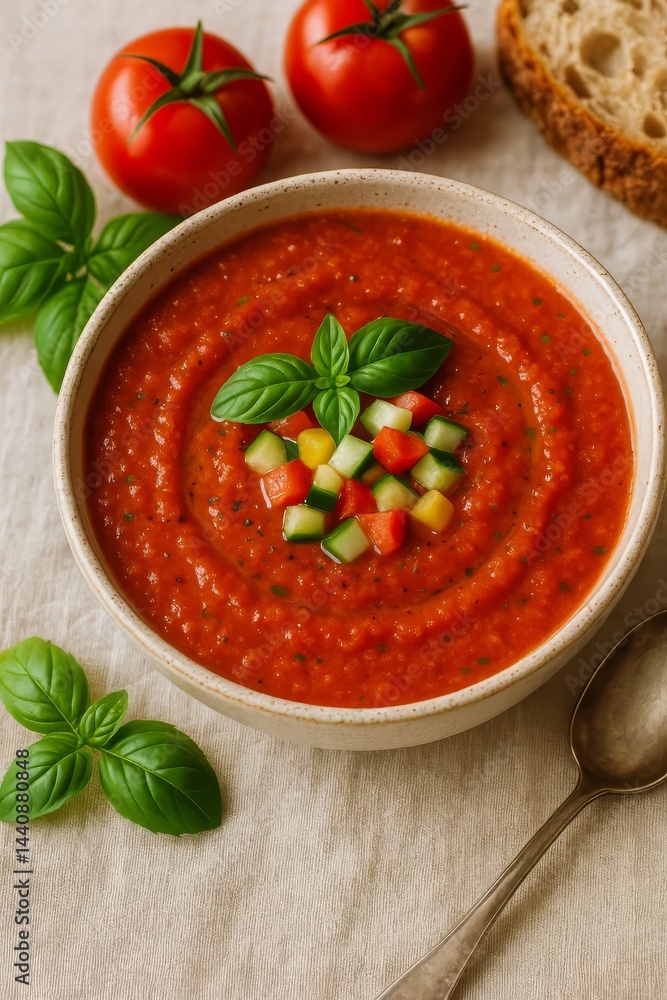 Delicious Homemade Gazpacho Served With Fresh Vegetables and Crusty Bread on a Light Marble Table