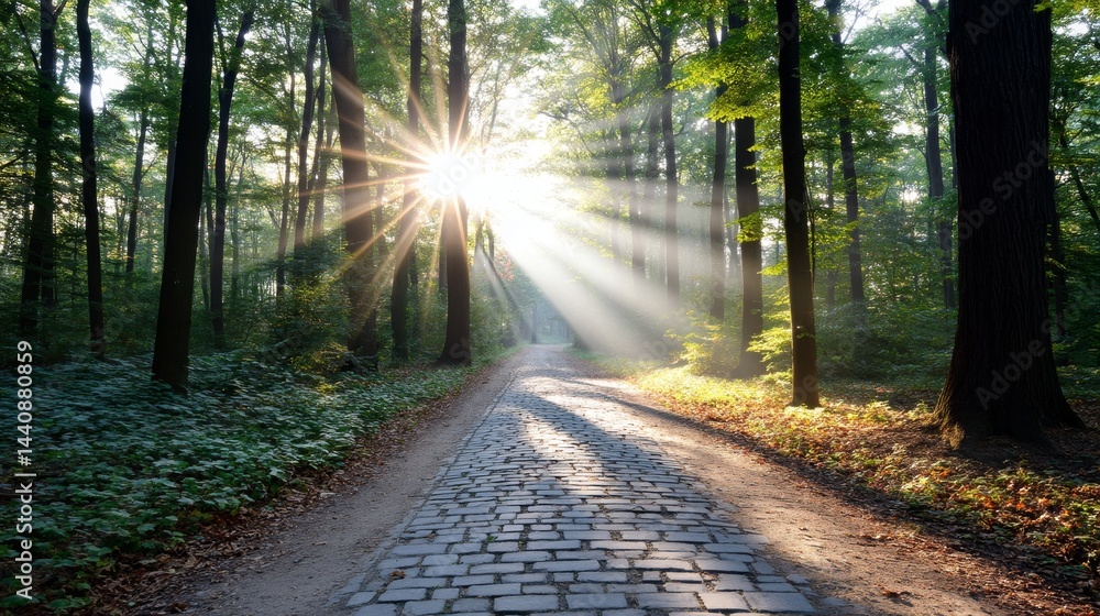 Obraz premium Sunlit Forest Path - A paved path winds through a sun-drenched forest, symbolizing serenity, journey, nature, hope, and new beginnings