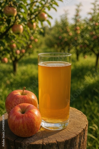 Obraz na płótnie Fresh Apple Juice Beside Ripe Apples in an Orchard During Sunny Daylight w salonie
