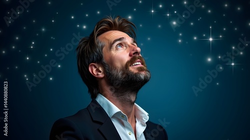 Obraz na płótnie A thoughtful Caucasian man with a beard gazes upwards, illuminated by twinkling stars against a deep blue background. w salonie