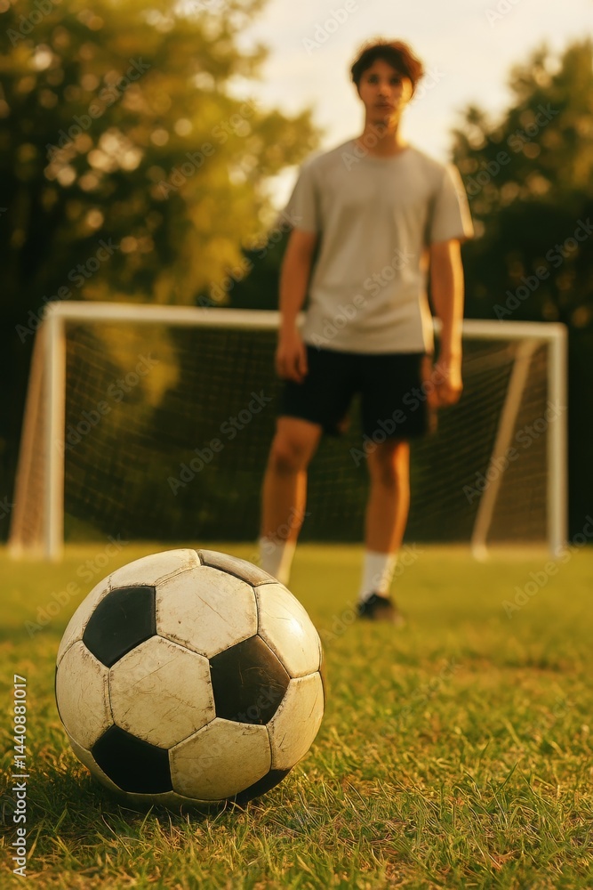 Young Athlete Prepares for Soccer Practice at Sunset in a Grassy Field