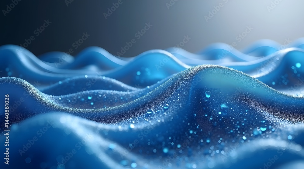 Close-up of shimmering blue waves with droplets, creating a serene and vibrant aquatic atmosphere.