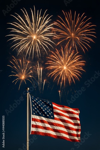 Fireworks Brighten the Night Sky Above an American Flag During a National Cel...
