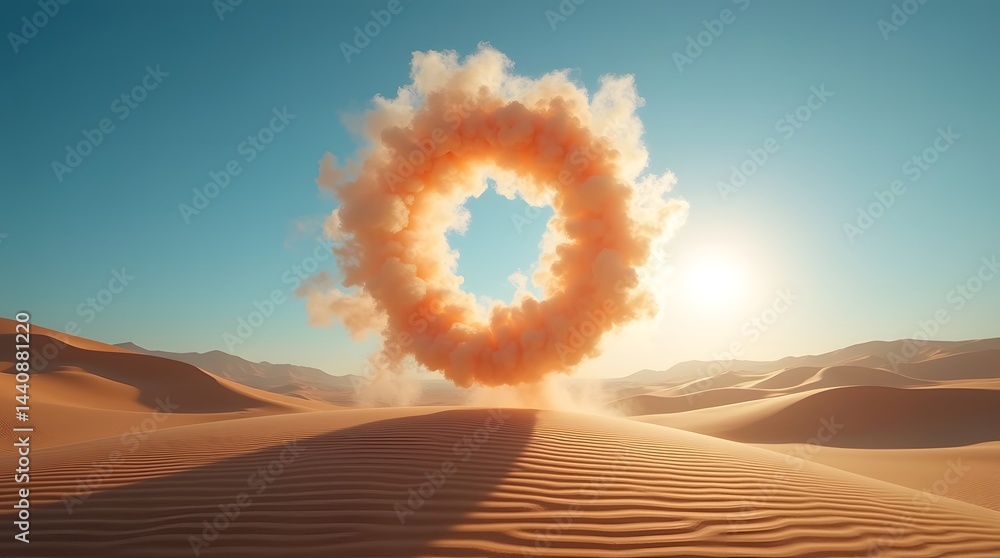 A vibrant orange smoke ring rises in a serene desert landscape during sunset.