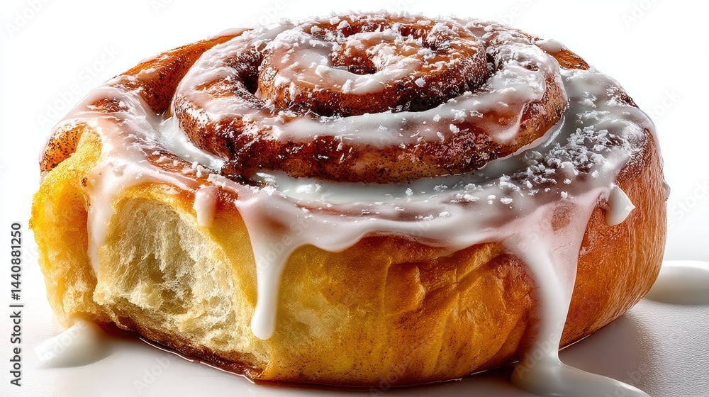 Fototapeta premium a freshly baked, golden cinnamon roll with icing on top on a white isolated background, warm and comforting design