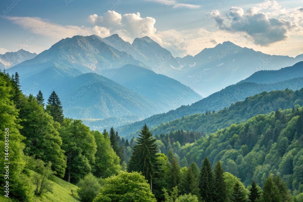 Fototapeta premium Majestic Mountain Range Surrounded by Lush Green Trees Generative AI