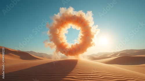 Obraz na płótnie A vibrant orange smoke ring rises in a serene desert landscape during sunset. w salonie