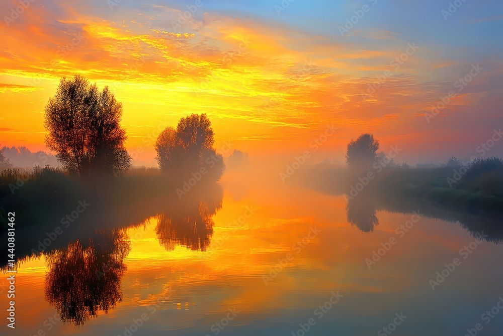 Obraz premium A calm river reflects vibrant orange and yellow sunrise colors, with misty trees lining both banks under a dramatic sky.