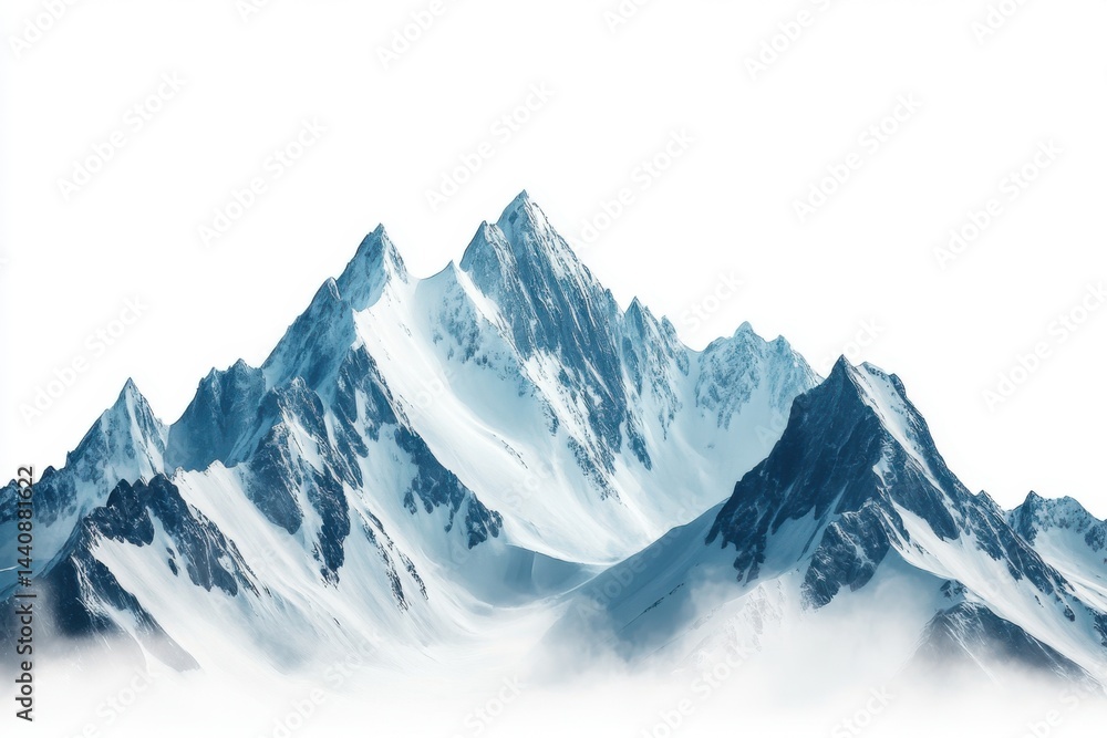 Obraz premium A scenic view of snow capped mountain peaks against a white background with a misty atmosphere