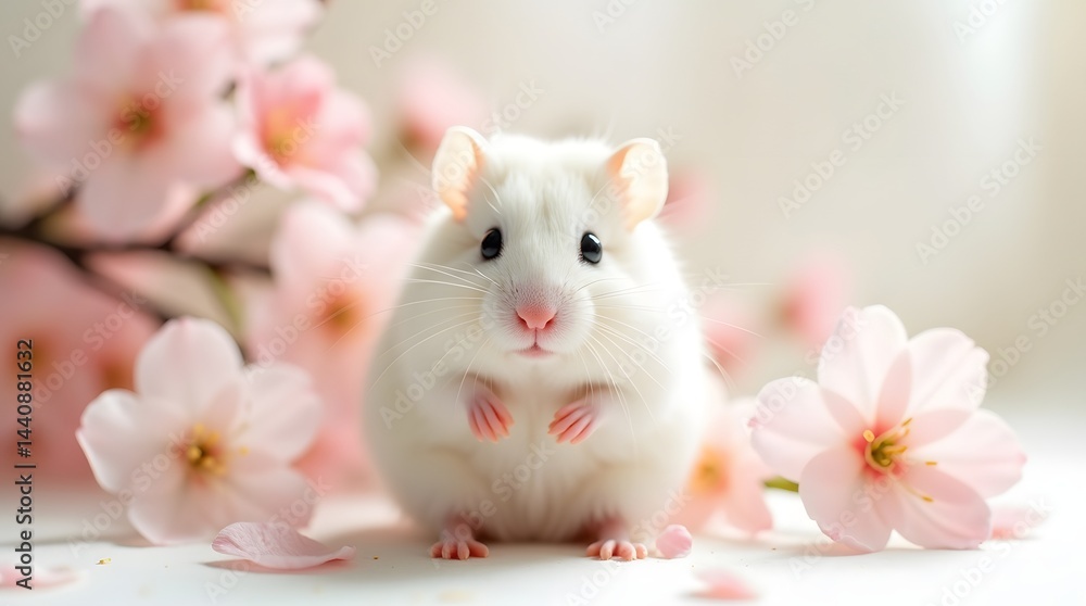 A cute white hamster surrounded by delicate pink cherry blossoms, creating a whimsical and serene atmosphere.