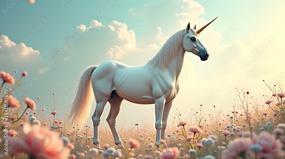 A majestic unicorn standing gracefully in a blooming flower field under a pastel sky.