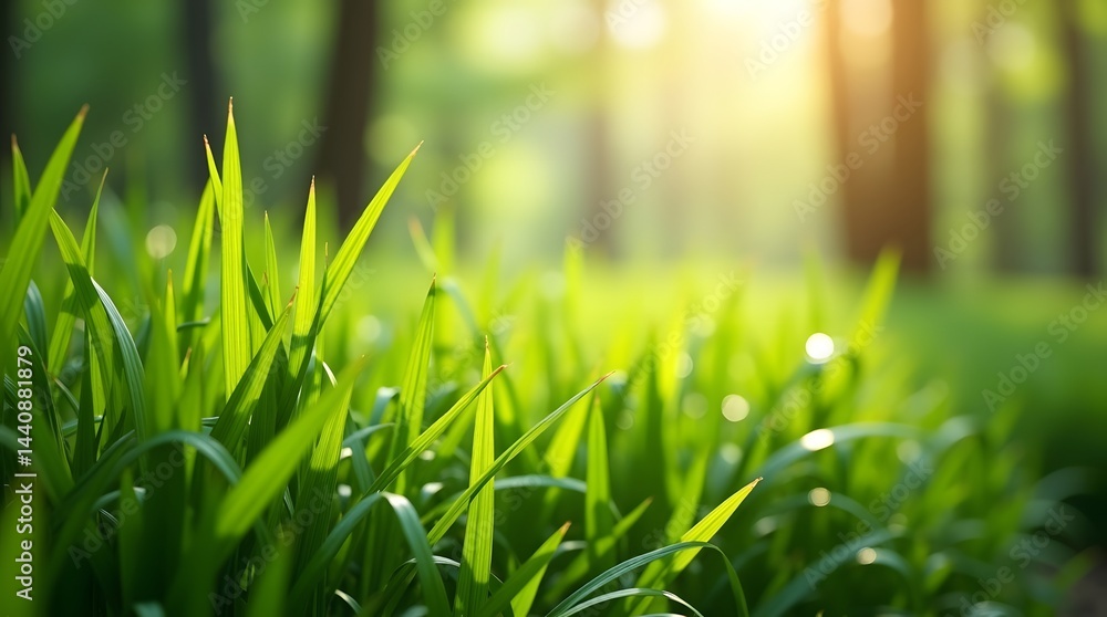 Close-up of vibrant green grass blades glistening in the sunlight, creating a peaceful nature scene.