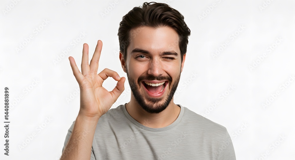 Fototapeta premium Man with dark hair and beard winking and making an ok sign against a white background in a grey shirt