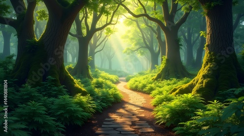 Obraz na płótnie A serene forest pathway illuminated by gentle sunlight filtering through lush green trees. w salonie
