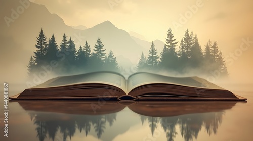 A scenic view of an open book reflecting a tranquil landscape of mountains and trees, evoking a sense of adventure and imagination.