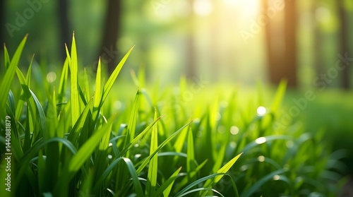 Obraz na płótnie Close-up of vibrant green grass blades glistening in the sunlight, creating a peaceful nature scene. w salonie