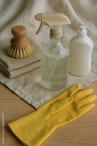 Obraz na płótnie Cleaning Supplies Arranged on Wooden Surface for Home Organization and Spring Cleaning Activities w salonie