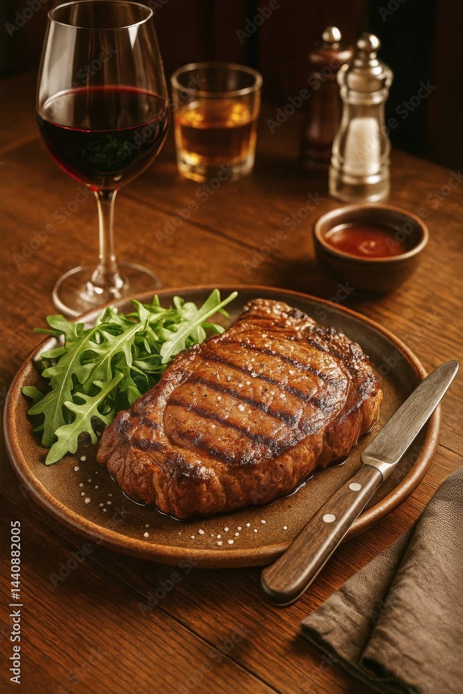 Savory Grilled Steak Garnished With Arugula Served With Red Wine and Sauce at a Rustic Table