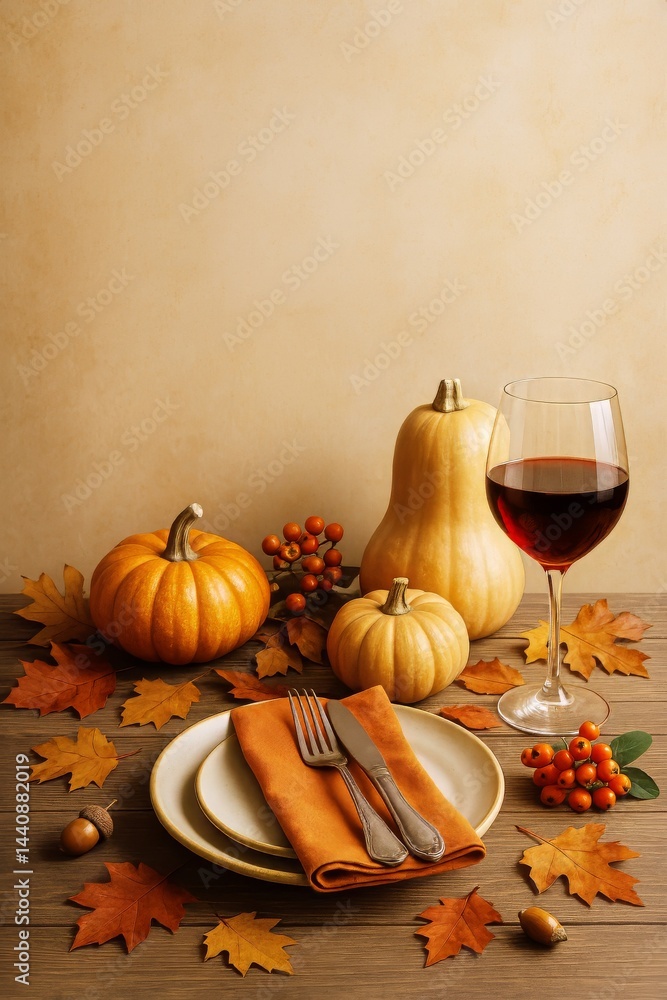 Festive Autumn Table Setting With Pumpkins, Wine, and Fall Leaves for Seasonal Celebration