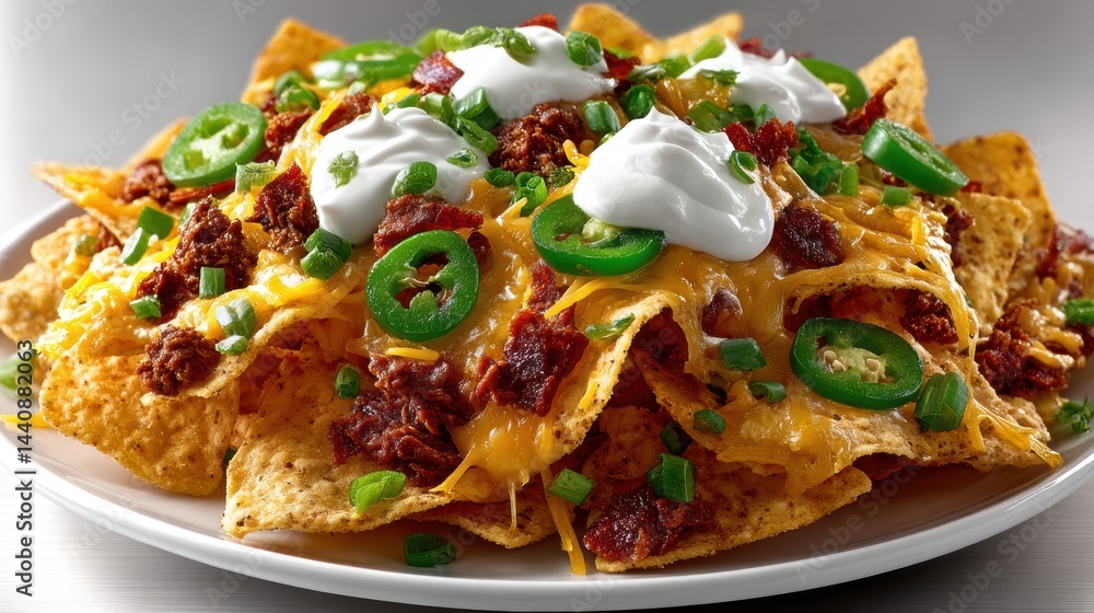 a fresh plate of spicy nachos topped with cheese, jalapenos, and sour cream on a white isolated background, cheesy and flavorful design a fresh plate of spicy nachos topped with cheese, jalapenos, and sour cream on a white isolated background, cheesy and flavorful design