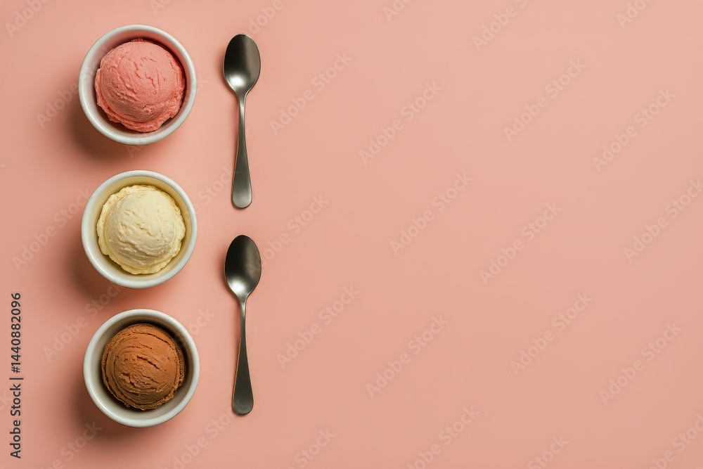 Colorful Ice Cream Bowls Arranged Neatly on a Pastel Pink Background With Metal Spoons Ready for Tasting