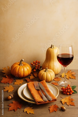 Obraz na płótnie Festive Autumn Table Setting With Pumpkins, Wine, and Fall Leaves for Seasonal Celebration w salonie