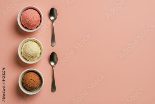 Obraz na płótnie Colorful Ice Cream Bowls Arranged Neatly on a Pastel Pink Background With Metal Spoons Ready for Tasting w salonie