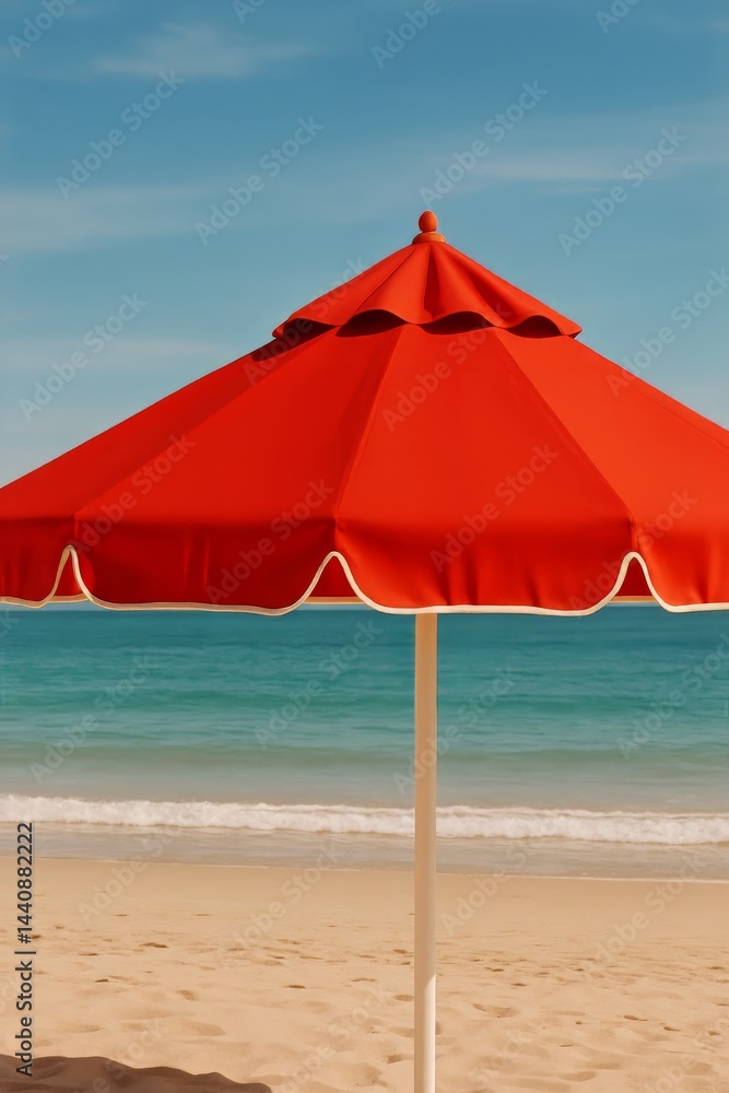 Bright Red Beach Umbrella Stands out Against Tranquil Ocean and Sandy Shore During Sunny Day