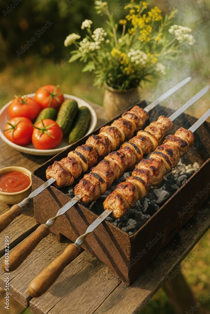 Perfectly Grilled Skewers With Fresh Vegetables at an Outdoor Gathering in a Sunny Garden Setting