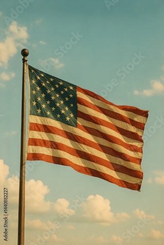 American Flag Waving Against a Clear Sky With Fluffy Clouds During Daylight