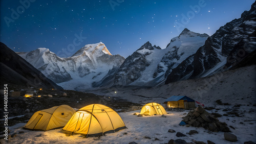 High altitude adventure. illuminated tents at everest base camp