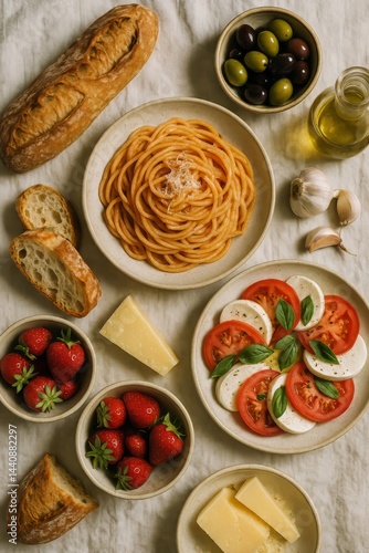 Obraz na płótnie Fresh Ingredients Create a Colorful and Inviting Breakfast Spread With Tomatoes and Bread w salonie