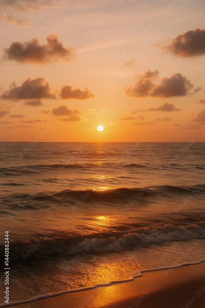 Sunset Over Calm Ocean Waves With Golden Hues on the Shoreline