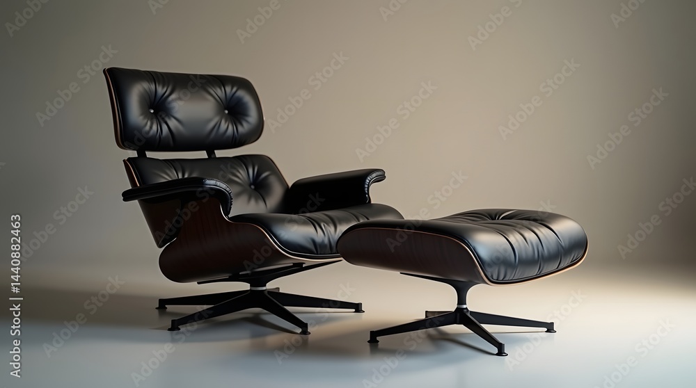Sleek black leather lounge chair with matching ottoman, showcasing mid-century modern design aesthetics.